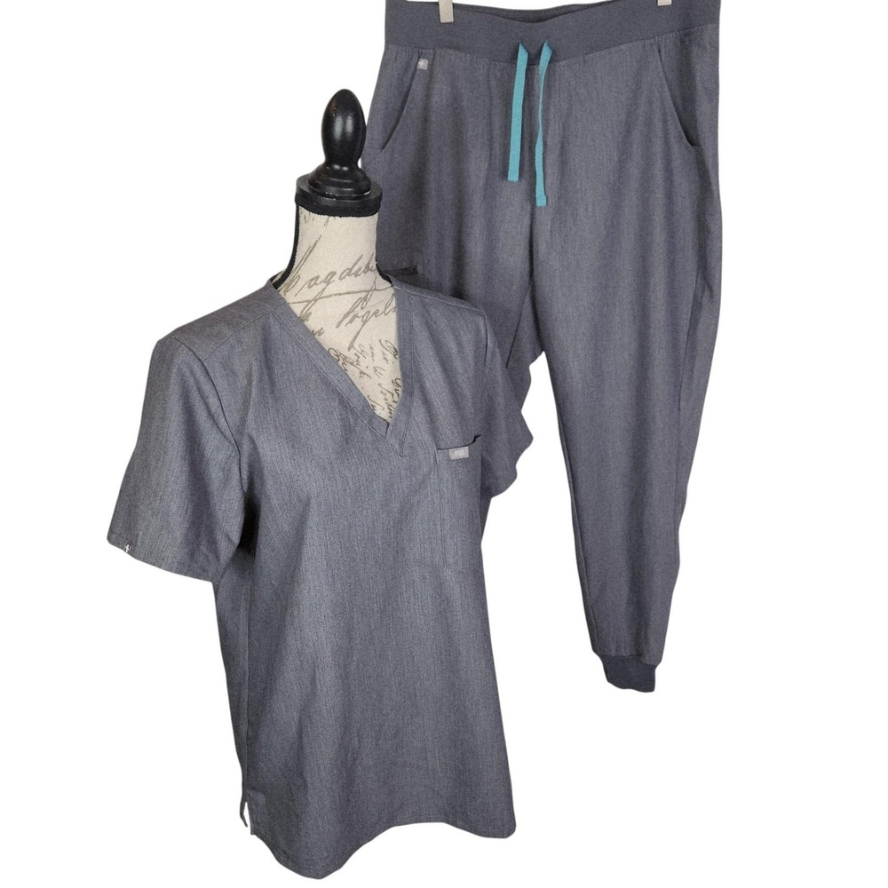 FIGS Scrub Set Womens Large Gray Technical V Neck Top Zamora Jogger Pants